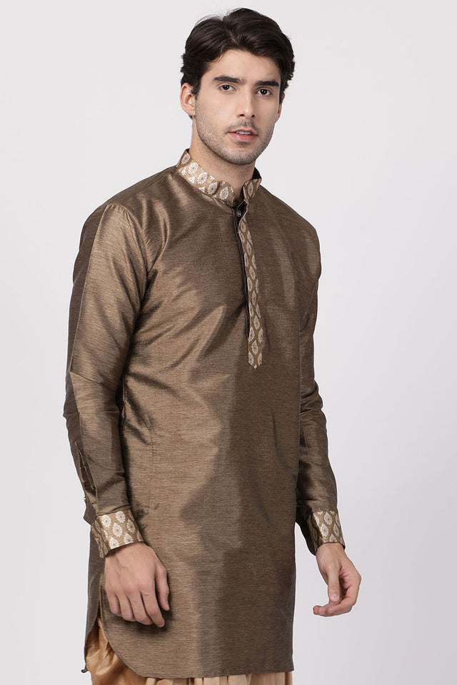Men's Cotton Art Silk Kurta In Gold