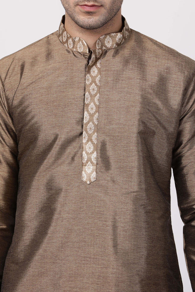 Men's Cotton Art Silk Kurta Set In Gold