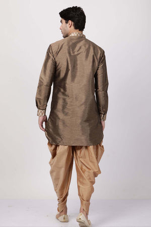 Men's Cotton Art Silk Kurta Set In Gold