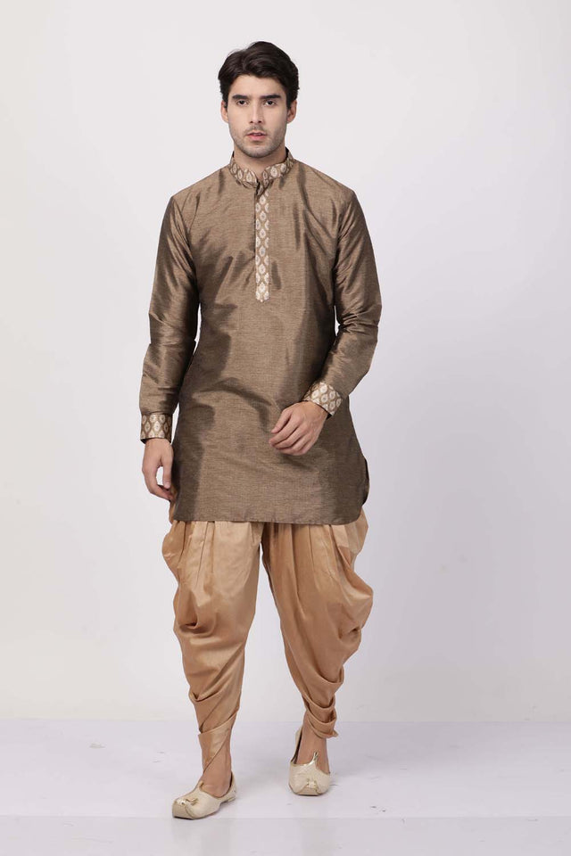 Men's Cotton Art Silk Kurta Set In Gold