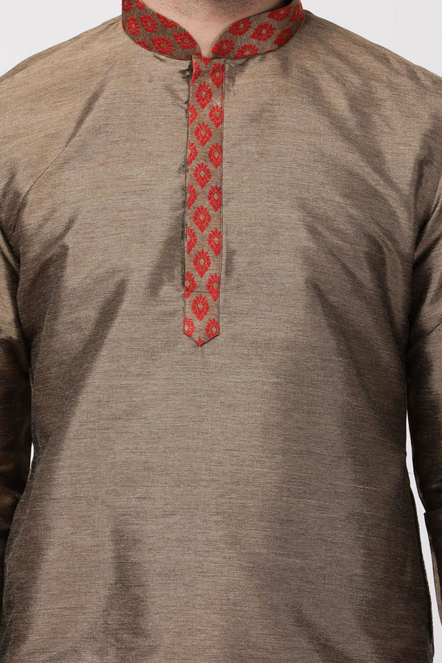 Men's Cotton Art Silk Kurta In Brown