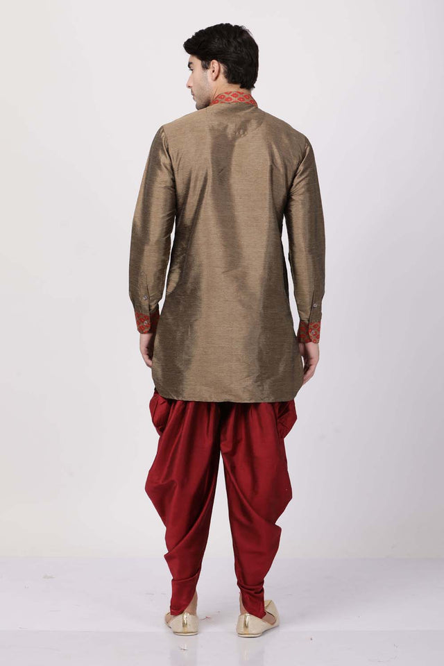 Men's Cotton Art Silk Kurta Set In Brown