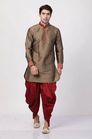 Men's Cotton Art Silk Kurta Set In Brown