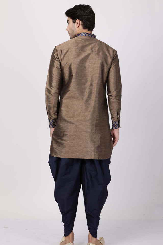 Men's Cotton Art Silk Kurta Set In Bronze