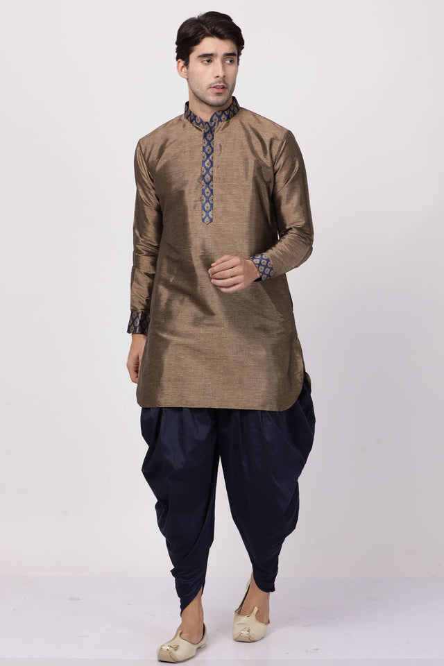 Men's Cotton Art Silk Kurta Set In Bronze