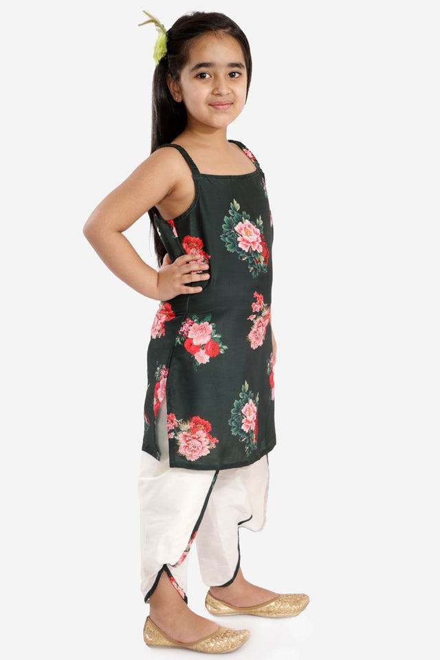 Green Boys Cotton Blend Kurta And Dhoti Set & Girls Floral Printed Cotton Silk Kurta And Tulip Pants