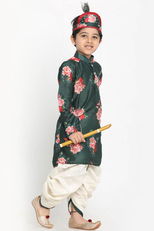 Green Boys Cotton Blend Kurta And Dhoti Set & Girls Floral Printed Cotton Silk Kurta And Tulip Pants