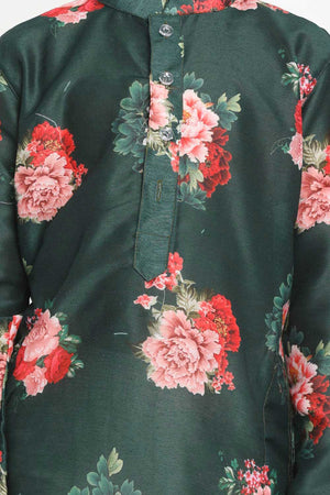 Green Boys Cotton Blend Kurta And Dhoti Set & Girls Floral Printed Cotton Silk Kurta And Tulip Pants