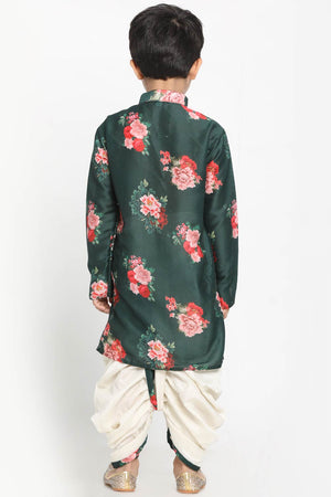 Green Boys Cotton Blend Kurta And Dhoti Set & Girls Floral Printed Cotton Silk Kurta And Tulip Pants