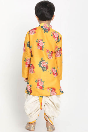 Boys Yellow Cotton Blend Kurta And Dhoti Set & Girls Floral Printed Cotton Silk Kurta And Tulip Pants