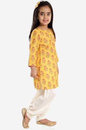 Boys Mustard And Cream Kurta Patiala Set & Girls Mustard And Cream Linen Kurta And Patiala Set