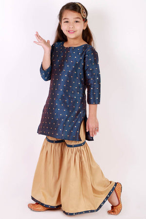 Boys Gold, Blue And Maroon Silk Blend Jacket, Kurta And Dhoti Set & Girls Jacquard Kurta With Sharara Set