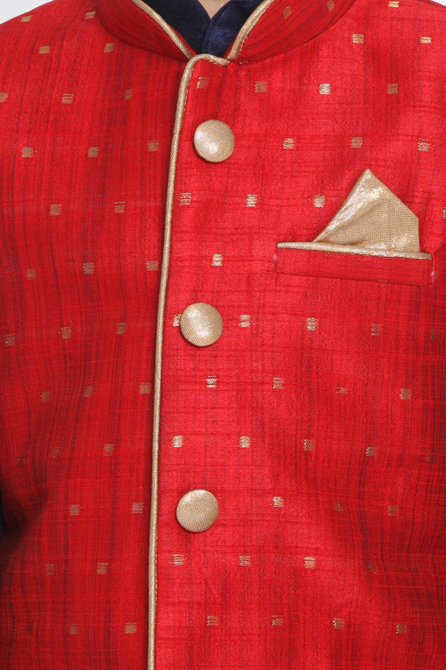 Boys Maroon And Navy Blue Silk Blend Jacket, Kurta And Pajama Set & Girls Jacquard Kurta With Sharara Set