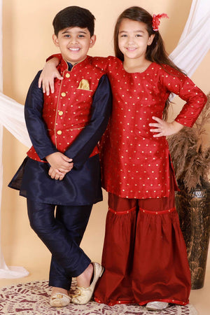 Boys Maroon And Navy Blue Silk Blend Jacket, Kurta And Pajama Set & Girls Jacquard Kurta With Sharara Set