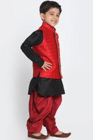 Boys Maroon And Black Silk Blend Jacket, Kurta And Dhoti Set & Girls Jacquard Kurta With Sharara Set