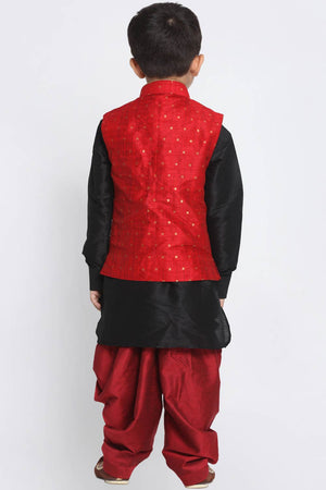 Boys Maroon And Black Silk Blend Jacket, Kurta And Dhoti Set & Girls Jacquard Kurta With Sharara Set