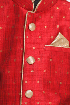 Boys Maroon And Black Silk Blend Jacket, Kurta And Dhoti Set & Girls Jacquard Kurta With Sharara Set
