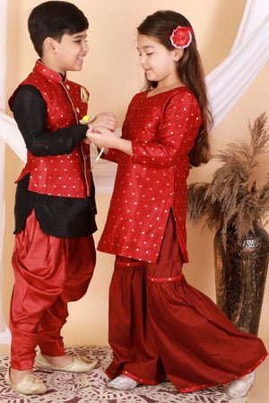 Boys Maroon And Black Silk Blend Jacket, Kurta And Dhoti Set & Girls Jacquard Kurta With Sharara Set