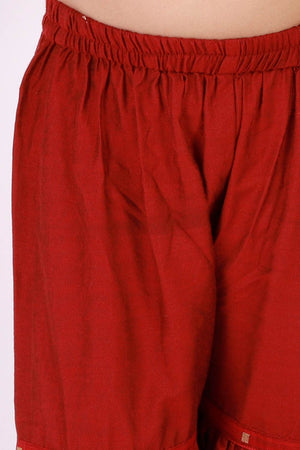 Boys Maroon, Navy Blue And Gold Silk Blend Jacket, Kurta And Dhoti Set & Girls Jacquard Kurta With Sharara Set