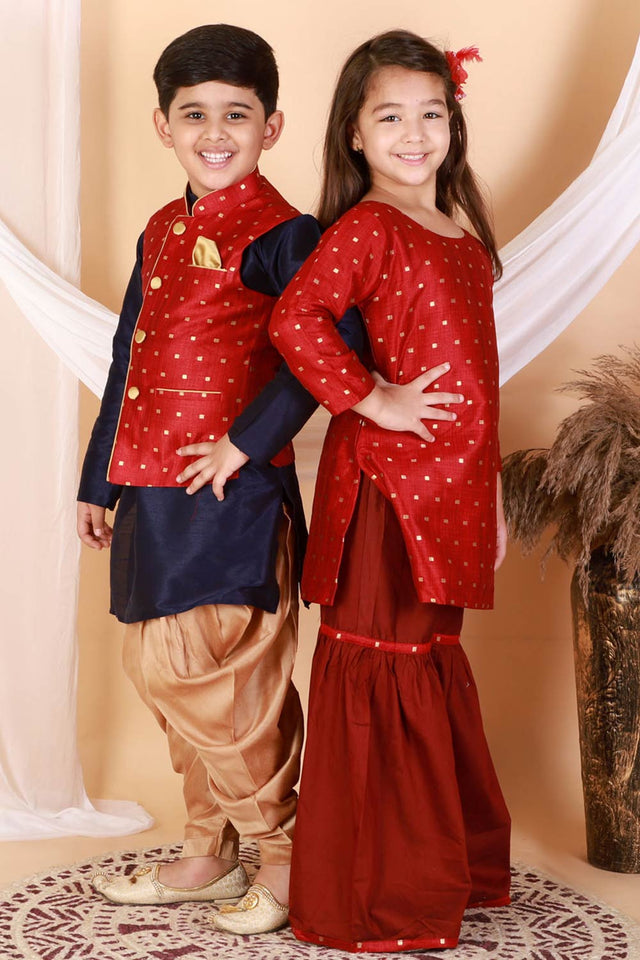 Boys Maroon, Navy Blue And Gold Silk Blend Jacket, Kurta And Dhoti Set & Girls Jacquard Kurta With Sharara Set