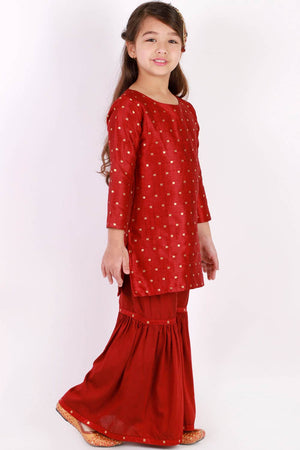 Boys Maroon And Gold Silk Blend Jacket, Kurta And Dhoti Set & Girls Jacquard Kurta With Sharara Set