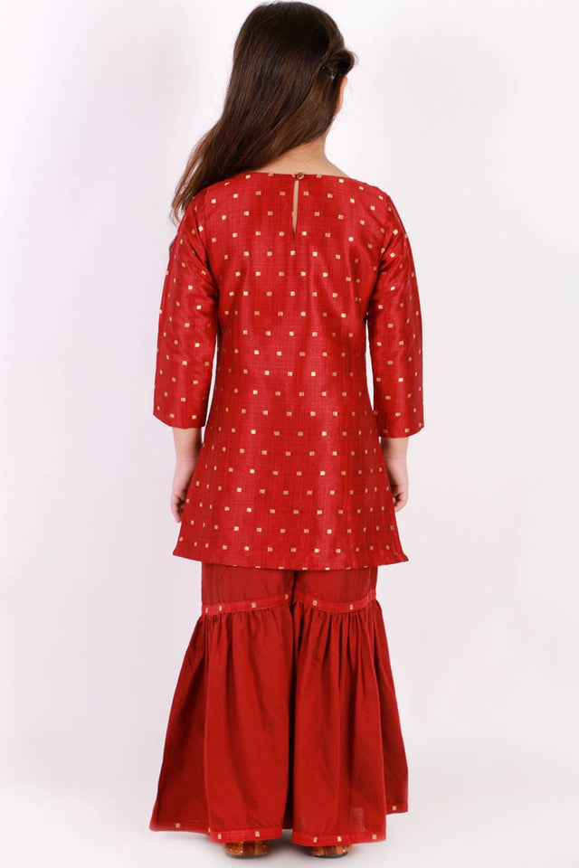 Boys Maroon And Gold Silk Blend Jacket, Kurta And Dhoti Set & Girls Jacquard Kurta With Sharara Set