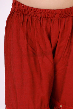 Boys Maroon And Gold Silk Blend Jacket, Kurta And Dhoti Set & Girls Jacquard Kurta With Sharara Set
