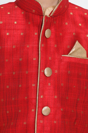 Boys Maroon And Gold Silk Blend Jacket, Kurta And Dhoti Set & Girls Jacquard Kurta With Sharara Set
