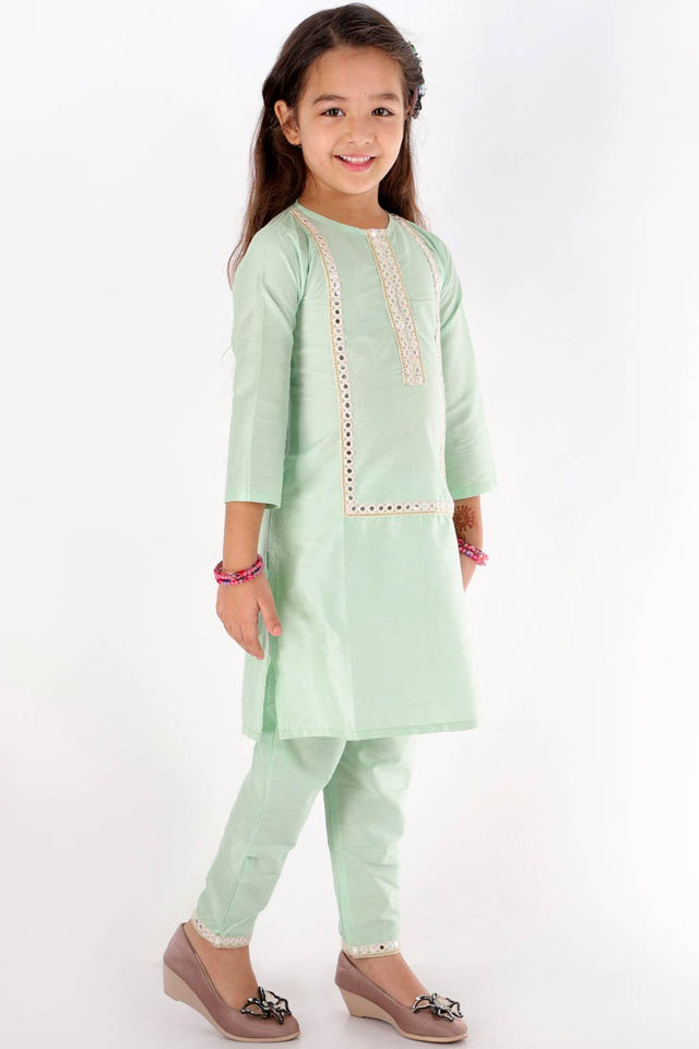 Boys Mint Green Kurta And Pajama & Girls Mirror Work Viscose Kurta And Pant Set