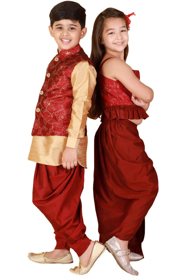 Boys Maroon And Rose Gold Jacket, Kurta And Dhoti Set & Girls Maroon Lehenga Set