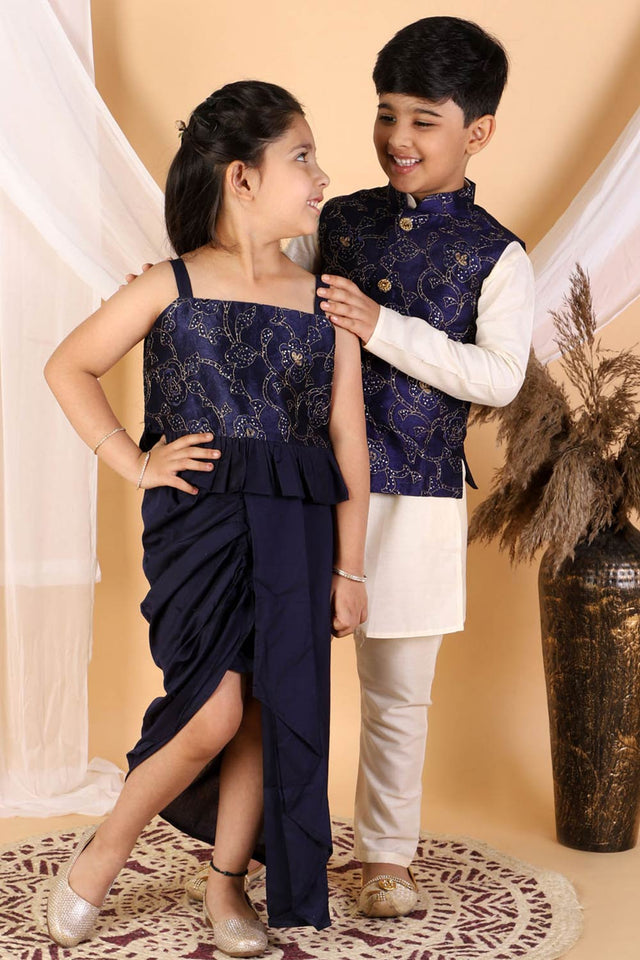 Boys Navy Blue And Cream Jacket, Kurta And Pajama Set & Girls Navy Blue Lehenga Set