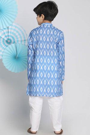 Boys Aqua Blue And White Ikkat Kurta Pajama Set & Girls Aqua Blue Kurta And Pant Set