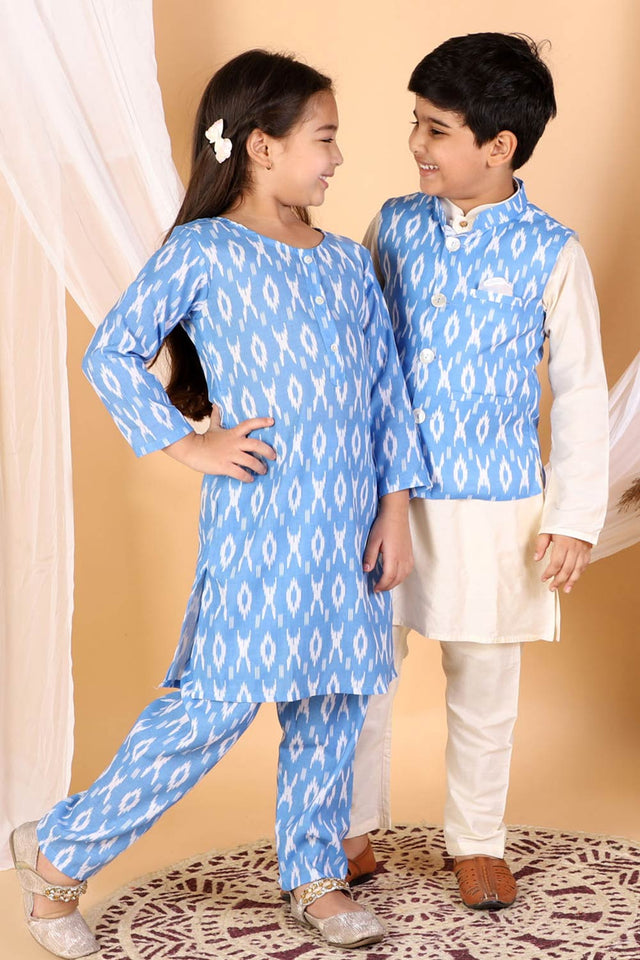 Boys Aqua And Cream Jacket, Kurta And Pajama Set & Girls Aqua Blue Kurta And Pant Set