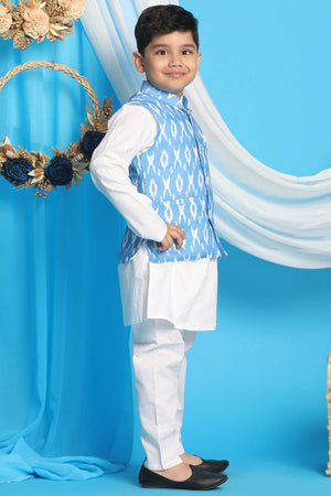 Boys Aqua And White Jacket, Kurta And Pajama Set & Girls Aqua Blue Kurta And Pant Set