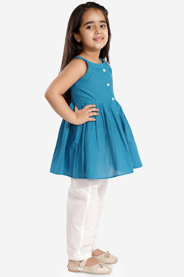 Boys Azure And White Pure Cotton Kurta Pajama Set & Girls Cotton Kurta And Straight Pant Set