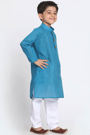 Boys Azure And White Pure Cotton Kurta Pajama Set & Girls Cotton Kurta And Straight Pant Set