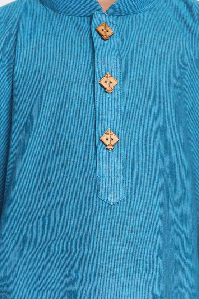 Boys Azure And White Pure Cotton Kurta Pajama Set & Girls Cotton Kurta And Straight Pant Set