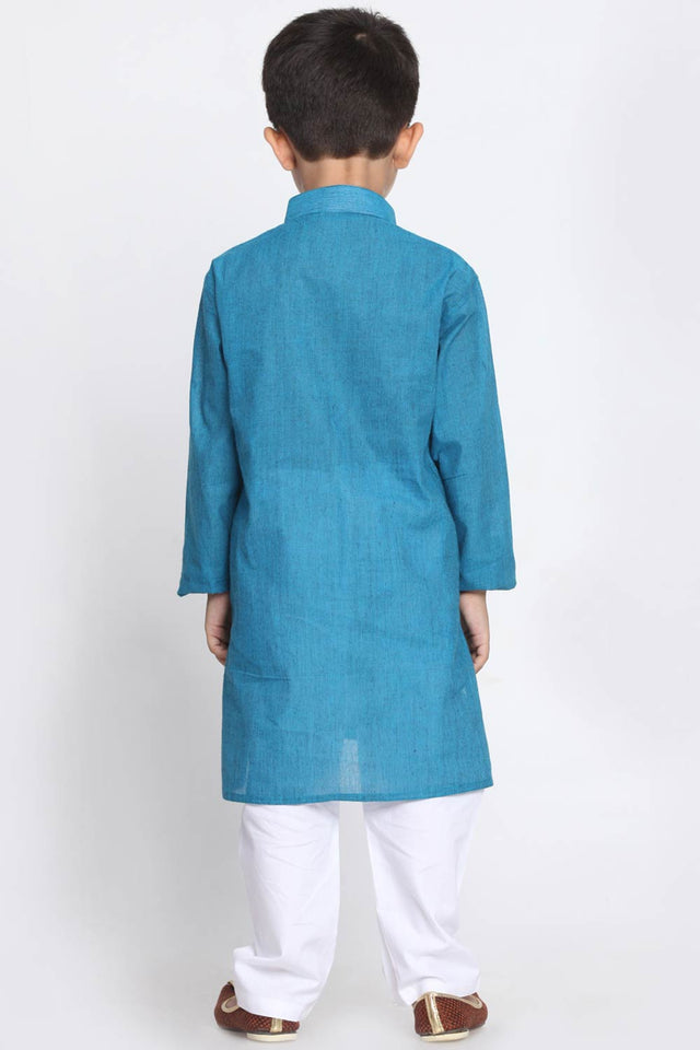 Boys Azure And White Pure Cotton Kurta Pajama Set & Girls Cotton Kurta And Straight Pant Set