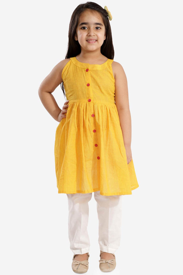 Boys Yellow And White Pure Cotton Kurta Pajama Set & Girls Cotton Kurta And Straight Pant Set