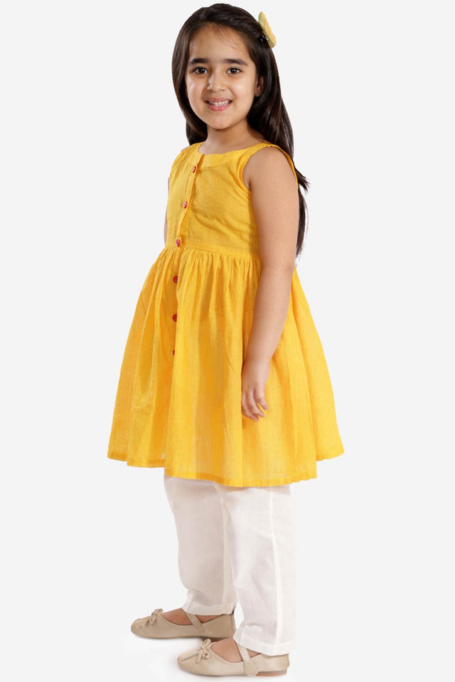 Boys Yellow And White Pure Cotton Kurta Pajama Set & Girls Cotton Kurta And Straight Pant Set