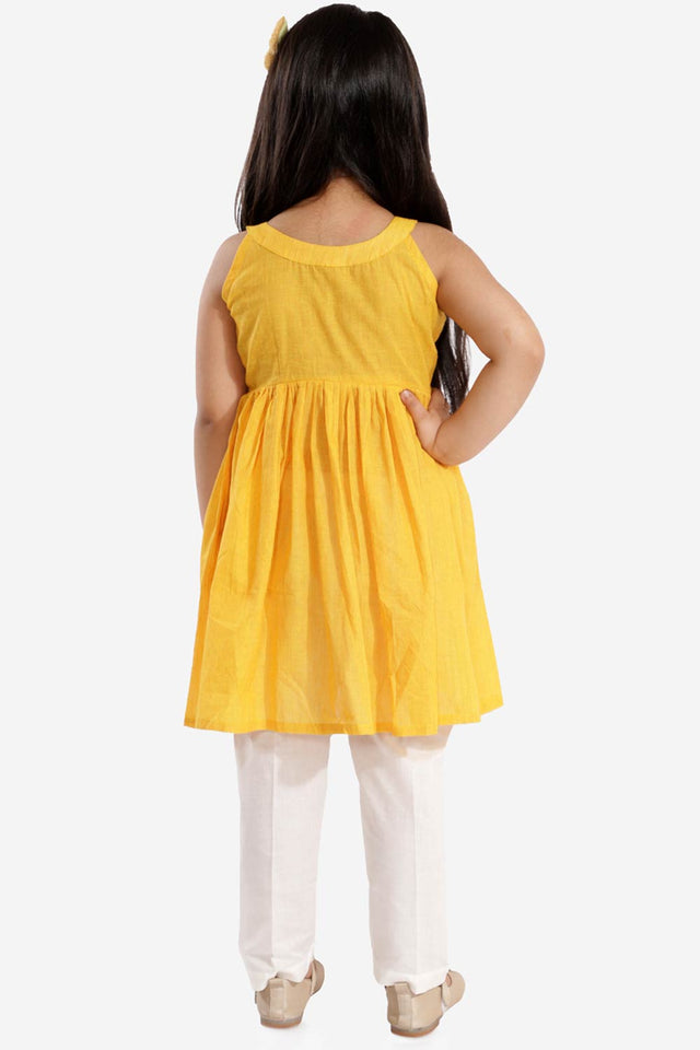 Boys Yellow And White Pure Cotton Kurta Pajama Set & Girls Cotton Kurta And Straight Pant Set