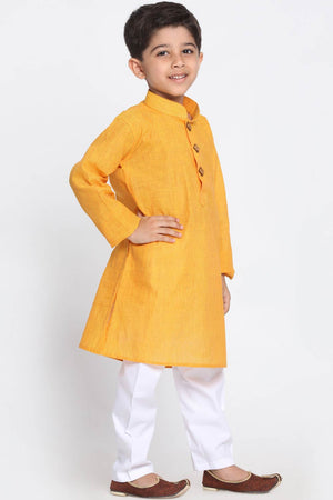 Boys Yellow And White Pure Cotton Kurta Pajama Set & Girls Cotton Kurta And Straight Pant Set