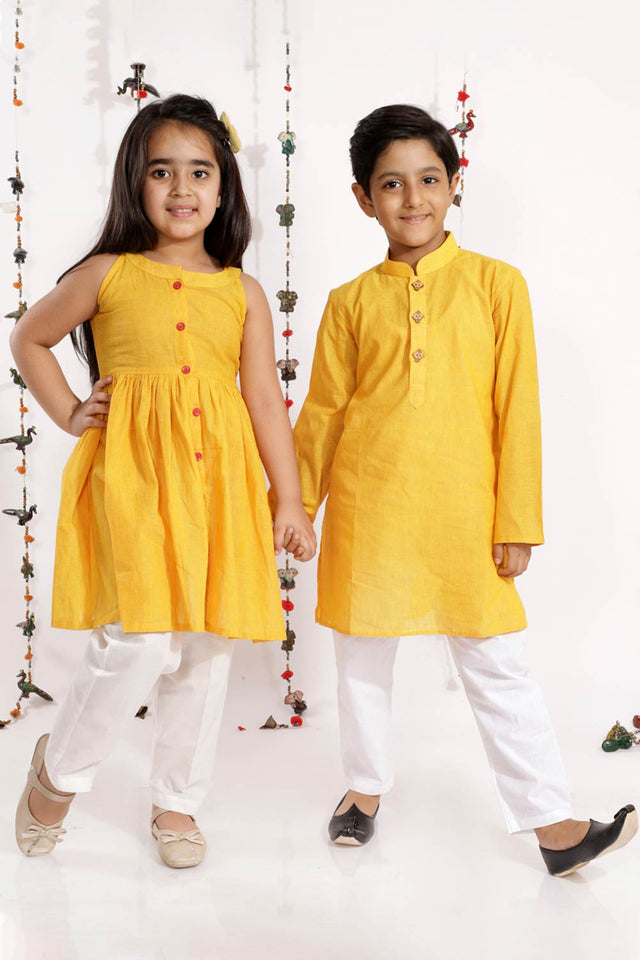 Boys Yellow And White Pure Cotton Kurta Pajama Set & Girls Cotton Kurta And Straight Pant Set