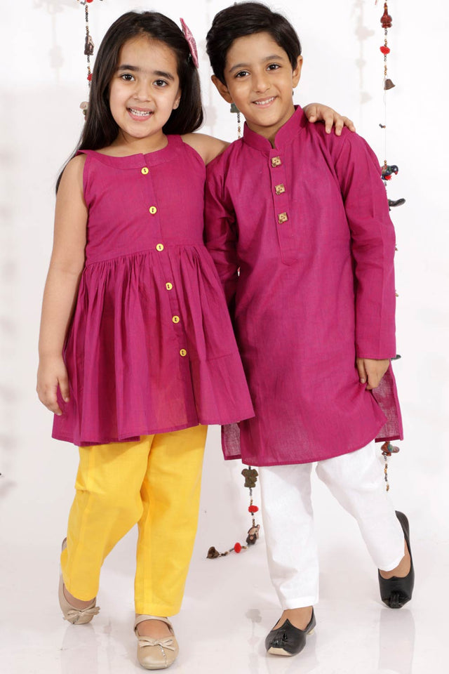 Boys Purple And White Pure Cotton Kurta Pajama Set & Girls Cotton Kurta And Straight Pant Set