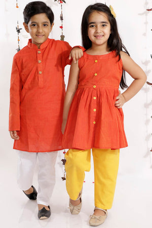 Boys Red And White Pure Cotton Kurta Pajama Set & Girls Handloom Cotton Kurta And Straight Pant Set