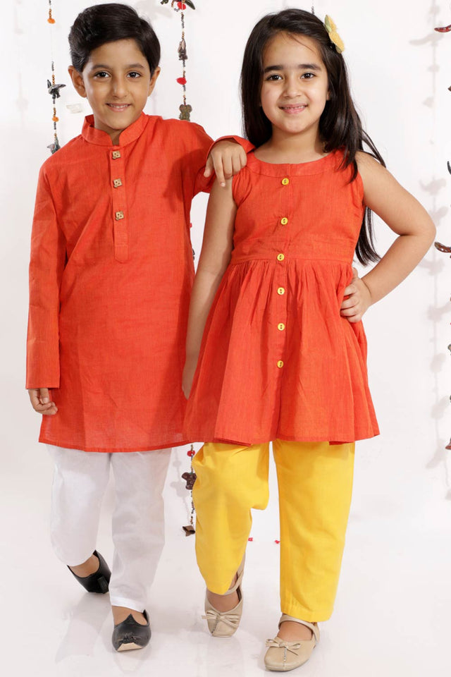 Boys Red And White Pure Cotton Kurta Pajama Set & Girls Handloom Cotton Kurta And Straight Pant Set