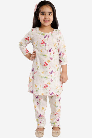 Boys Multicolor-Cream Cotton Blend Kurta Pajama Set & Girls Printed Floral Linen Kurta And Straight Pant Set