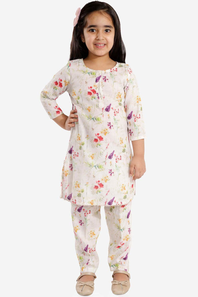 Boys Multicolor-Cream Cotton Blend Kurta Pajama Set & Girls Printed Floral Linen Kurta And Straight Pant Set