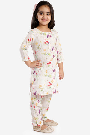 Boys Multicolor-Cream Cotton Blend Kurta Pajama Set & Girls Printed Floral Linen Kurta And Straight Pant Set