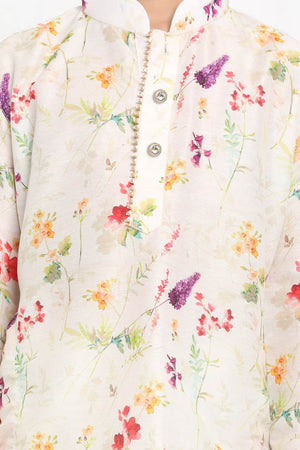 Boys Multicolor-Cream Cotton Blend Kurta Pajama Set & Girls Printed Floral Linen Kurta And Straight Pant Set